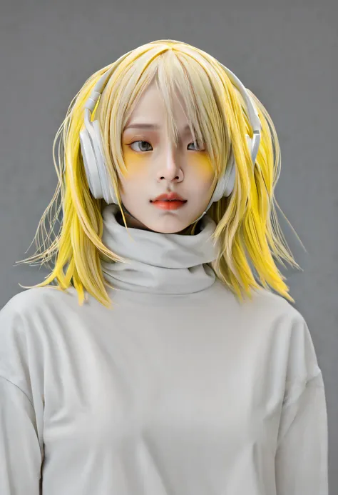 girl with long yellow hair, yellow eyes, futuristic vibes, mask on mouth, headphones, 8k, high quality, simple background, glowi...