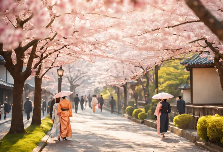 (best quality,4k,8k,highres,masterpiece:1.2),ultra-detailed,(realistic,photorealistic,photo-realistic:1.37),street with cherry blossom trees on the sides,beautiful delicate petals falling softly, sunlight breaking through the branches, gentle breeze rustli...