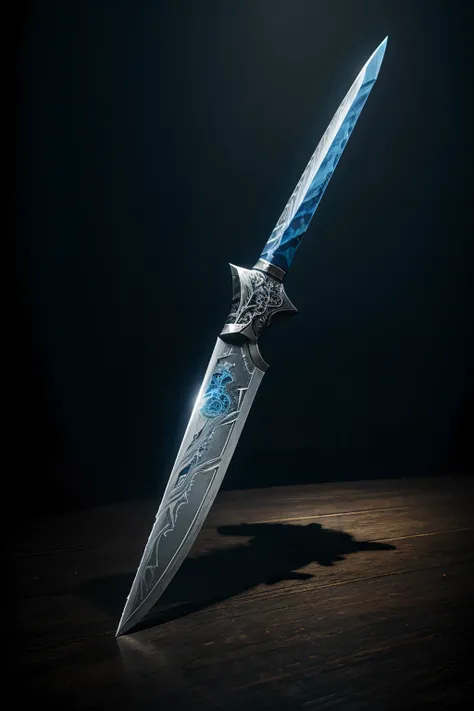 Long knife blue blade, fantasy material art, best quality, materpiece, 4k , hd , utra detailed animation 8k , anime , fantasy design , dark fantasy, manga style, knife with blade on table. Single knife, Mystick knife