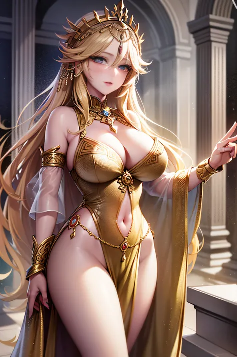 (Highly detailed CG Unity 8k wallpaper, masterpiece, top quality), (sexy woman, natural and seductive posture, long straight blonde hair, cleavage, sheer robes, ancient Greek costume, goddess), (temple altar), one woman, detailed depiction, standing figure...