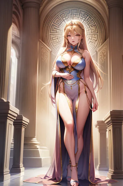 (Highly detailed CG Unity 8k wallpaper, masterpiece, top quality), (sexy woman, natural and seductive posture, long straight blonde hair, cleavage, sheer robes, ancient Greek costume, goddess), (temple altar), one woman, detailed depiction, standing figure...