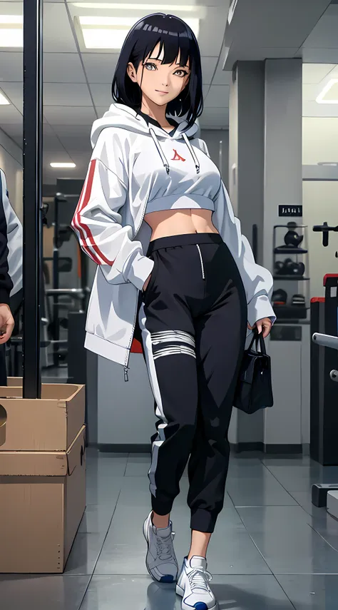 hyuugahin, beautiful woman, beautiful, perfect body, perfect breasts, wearing a white adidas hoodie, black joggers, wearing ligh...