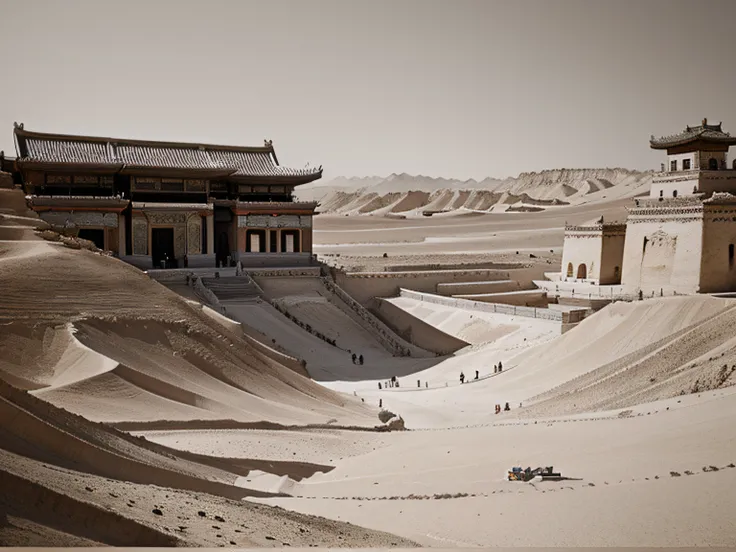 Chinese painting；ink and watercolor painting；Meticulous；Freehand painting；Gobi；Dunhuang Grottoes；desert；；Tang dynasty style；black andwhite；