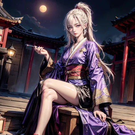 Cinematic lighting,super detailed skin、Beautiful detailed eyes、Best Quality,Perfect Anatomy,(Alternative、dim colors, Soothing tones:1.3),(Detailed beautiful facial features:1.3)Girl in a fancy purple kimono、 （smoking tobacco、Cigarette fire、Samurai Blade、Hi...