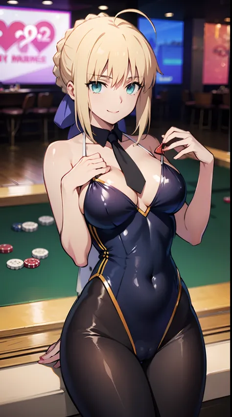 NSFW、（masutepiece、of the highest quality、Best Quality、Official art、Beautiful CG,）artoria、Colossal tits、Photorealsitic、（Rolling eyes:1.5）、masturbation、Smile embarrassedly、Heart symbol in the eye、NSFW、Vegas Casinos、Slingshot swimsuit、Navel costume、neck tie、t...