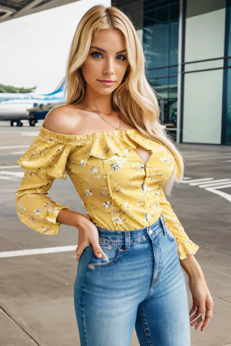 a blonde woman wearing a yellow top and jeans, wearing yellow floral blouse, puff sleeves,huge natural tits, airport background