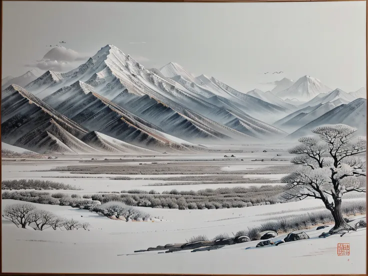 Chinese painting；ink and watercolor painting；Meticulous；Freehand painting；Gobi；mountain ranges；Tang dynasty style；black andwhite；traveller；Ancient Style