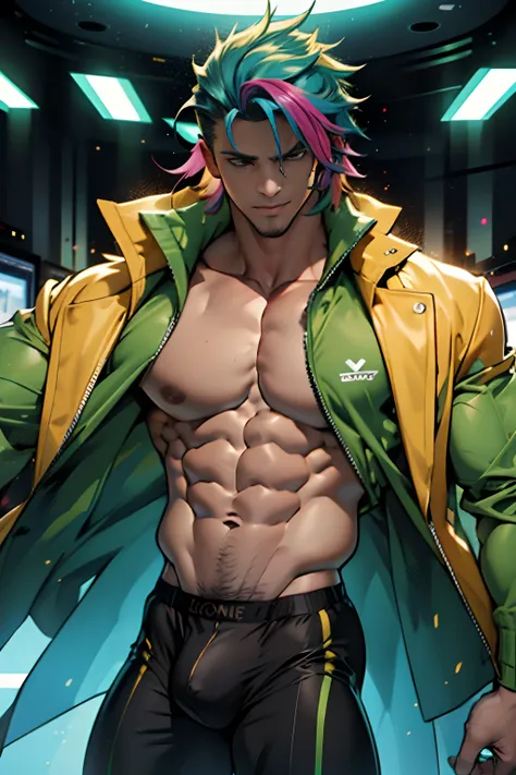 1boy,male focus,jacket,pectorals, erotic , runway ,  giant biceps rainbow hair green, extremely masculine muscular male, huge bulge, 8 pack abs,xl bodybuilder, rage, titan,