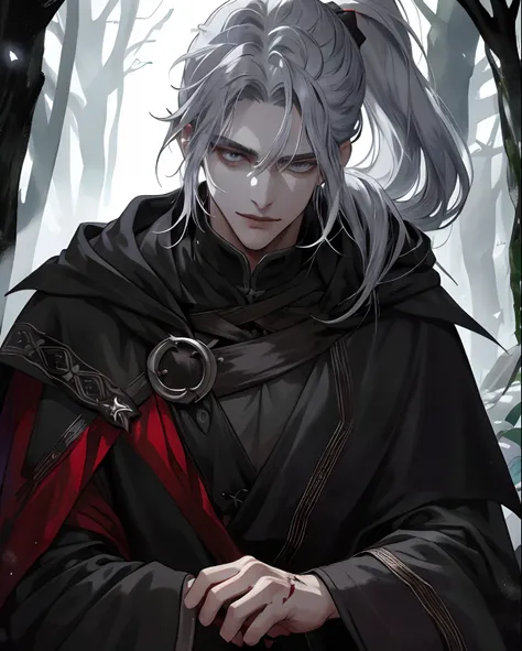 1male, beautiful, silver hair with low ponytail, dark grey eyes, detailed eyes, black cloak, dark sorcerer, rogue mage, alone in...