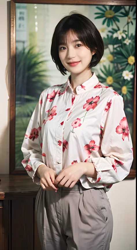 93
(a 20 yo woman,is standing), (A hyper-realistic), (masutepiece), ((short-hair:1.46)), (Smooth black hair), wear long pants, (Wearing a long-sleeved shirt with a floral print), (painterly、picture frame), (Gentle smile), (Keep your mouth shut)