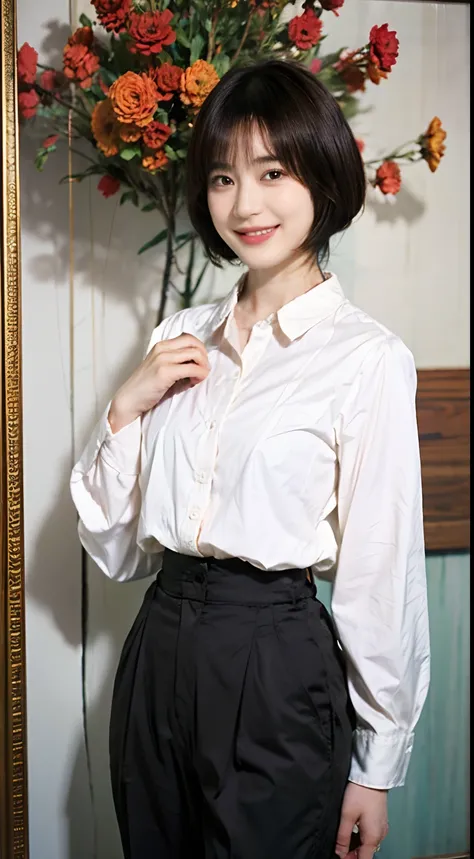 93
(a 20 yo woman,is standing), (A hyper-realistic), (masutepiece), ((short-hair:1.46)), (Smooth black hair), wear long pants, (Wearing a long-sleeved shirt with a floral print), (painterly、picture frame), (Gentle smile), (Keep your mouth shut)