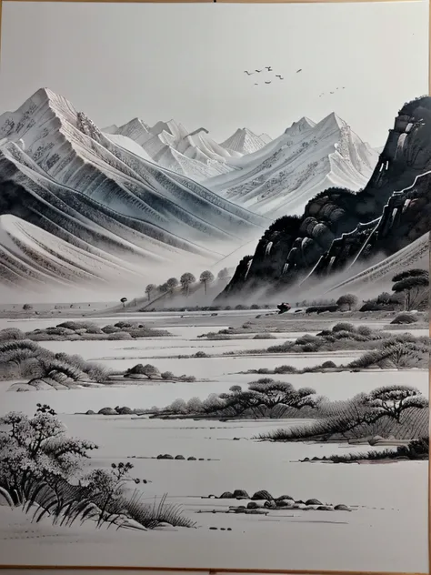 Chinese painting；ink and watercolor painting；Meticulous；Freehand painting；Gobi；mountain ranges；Tang dynasty style；black andwhite；traveller；Ancient Style；