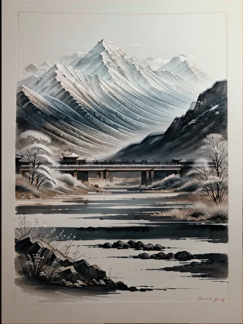 Chinese painting；ink and watercolor painting；Meticulous；Freehand painting；Gobi；mountain ranges；Tang dynasty style；black andwhite；traveller；Ancient Style；