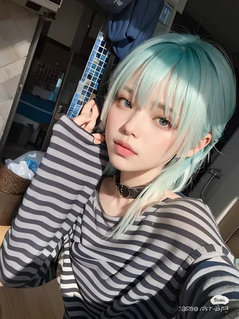 Man with blue hair and striped shirt posing for a photo, Ulzzang male, Ulzzang, aux cheveux longs blancs, Hime cut white hairstyle, ((greenish-blue tones)), La coupe Hime, cheveux raides bleu ciel, cheveux whitebangs cheveux, aux cheveux bleus, avec de lon...