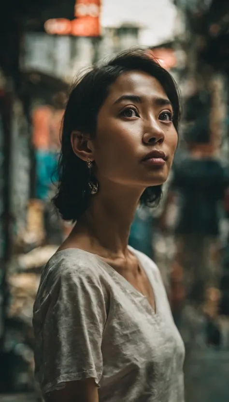 Candid street photo of a Indonesian woman in street alley gang Mahmud , looking away, street, street photography, Social realism, Realism, depth of field, chromatic aberration, glowing light, reflection light, film grain, viewfinder, isometric, perspective...