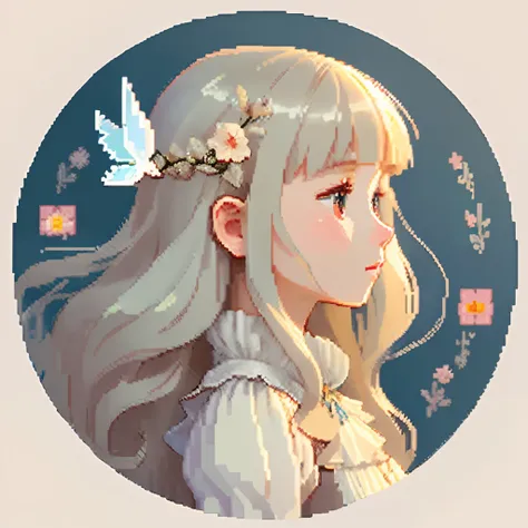 Pale light blue antique dress、Beige long-haired girl、Blunt bangs、profile、Pixel art、Pixel Art Illustration、pixels、Plain background、Upper body 、For icons、pixels_Art Book,Composition centered on the face、Straight face、Floral hair ornament、pixels、Game-style il...