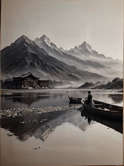 Chinese painting；ink and watercolor painting；Meticulous；Freehand painting；Gobi；mountain ranges；Tang dynasty style；black andwhite；traveller；Ancient Style；impressionistic；There is no emphasis on light and shade and perspective；