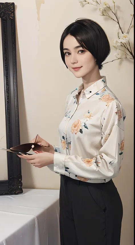 93
(a 20 yo woman,is standing), (A hyper-realistic), (masutepiece), ((short-hair:1.46)), (Smooth black hair), wear long pants, (Wearing a long-sleeved shirt with a floral print), (painterly、picture frame), (Gentle smile), (Keep your mouth shut)