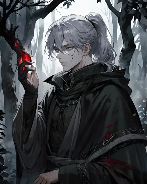 1male, beautiful, silver hair with low ponytail, dark grey eyes, detailed eyes, black cloak, dark sorcerer, rogue mage, alone in...