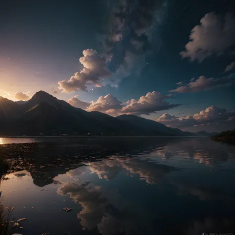 1 girl, olho, fechar para cima, beautiful night sky, chuva de meteoros, Beyond the Clouds, Fenced water, reflexions, anjos largos, breathtaking clouds, wide angle, por makoto shinkai, Thomas Kinkade, Tiago Gilleard, por holosomnialandscape, HDR, Volumetric...