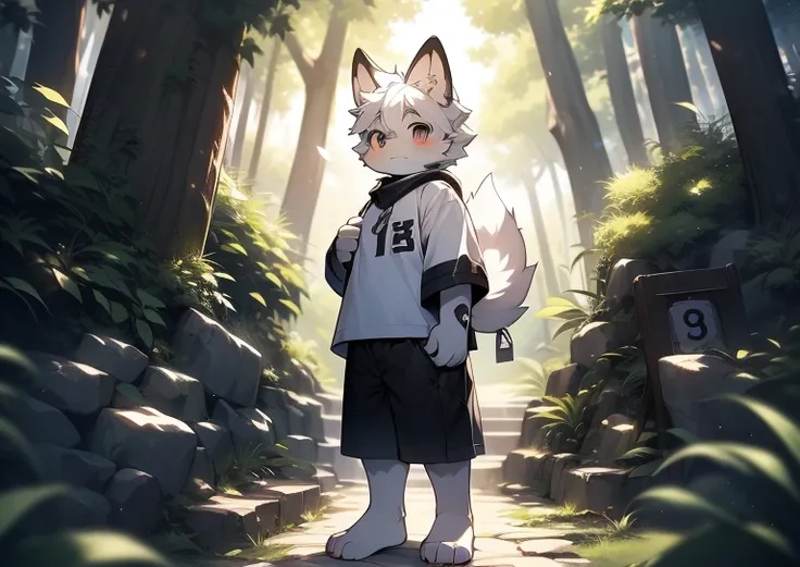 Libido boy，furry wolf，((Shota)), Black and white hair, Very good figure, Handsome，adolable, Light：Extreme light and shadow, Reflective skin,Reddish skin，((worn-out clothing，Commoner)) ，((Deep in the forest，Stone path，Signs，独奏，solo person))，Outdoor sunset，(...