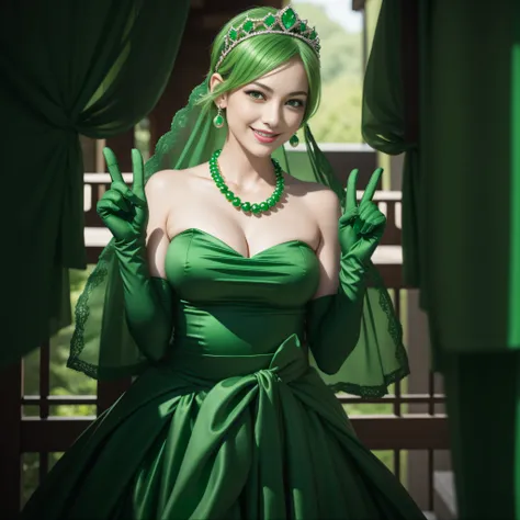 emerald tiara, Green Pearl Necklace, Boyish very short green hair, lipsticks, Japan woman smiling, very short short hair,  big breasts beautiful, Green eyes, Long green gloves made of satin material, Green eyes, Emerald Earrings, green vale, v sign, pregna...