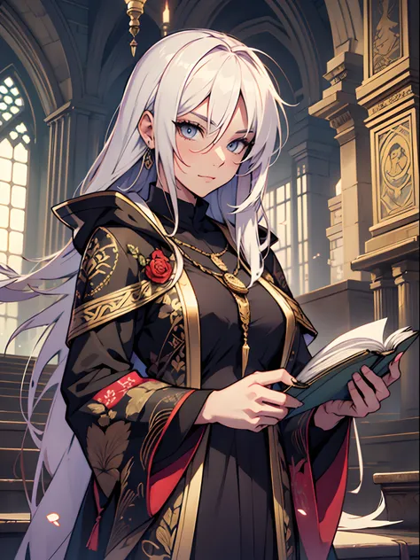 foreground（A female pastor，long slim figure，eyes with brightness，Hold a book，Game characters），Fortune telling screen 40%，Background with（Towering castle，yuki）