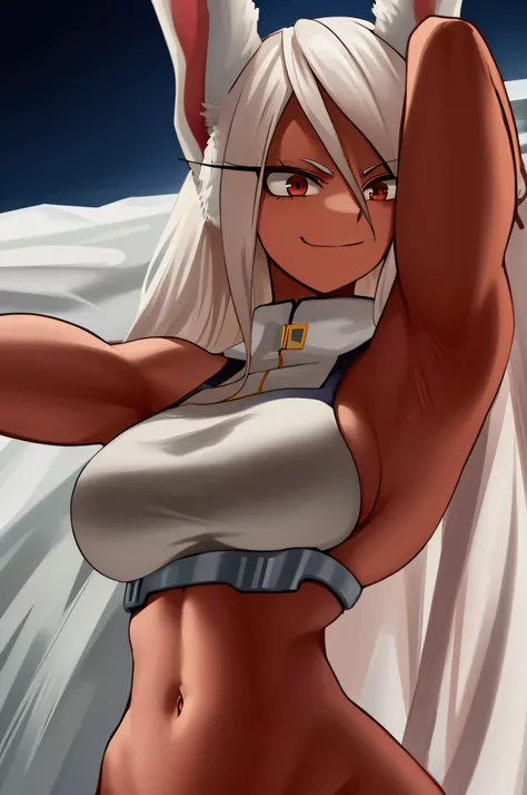 scan, (extremely detailed CG unity 8k wallpaper:1.1), highres, (1girl), mirkomha, boku no hero academia, rabbit ears, ((dark-skinned female)), ((dark skin)), red eyes, white gloves, (white hair, long hair), large breasts, night, looking at viewer, smirk, h...