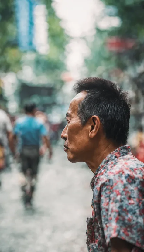 Candid street photo of a lokal Indonesian man with peci in the head walk away, looking away, street, street photography, Social realism, depth of field, glowing light, reflection light, film grain, wide shot, bokeh, Wide-Angle, f/1.8, 35mm, Sony FE GM, Imp...