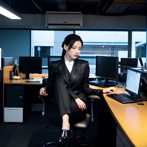 Wearing a black business pantsuit、Office in the Dark、facing a desk、While looking at the screen, tap the keys on the keyboard of the black laptop with the fingertips of the black leather gloves、Sitting on a black leather chair、Black hair ponytail、New beauti...