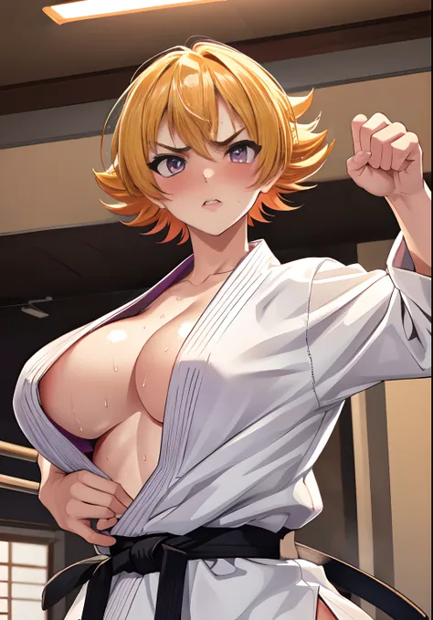 igawa,medium breasts,bouncing breasts,blonde hair,bobcut, purple eyes,cleavage,(karate gi,:1.2),(no bra,underboob:1.1),(micro pa...