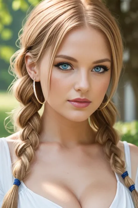 Petite 30 year old woman with light strawberryblonde hair in a braid and striking blue eyes wearing eye liner, pink lips, in a white summer dress, detailed face, cleavage, nose piercing