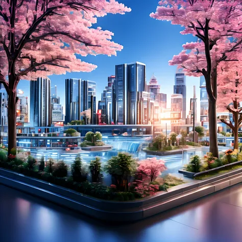 cherry blossom, cityscape, isometric view