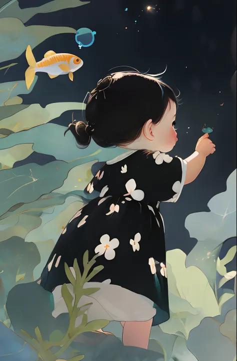 There was a little girl watching a fish, A beautiful artwork illustration, Cute detailed digital art, cute detailed artwork, lovely digital painting, By Li Song, Beautiful digital illustration, Exquisite digital illustration, dreamlike illustration, in sty...