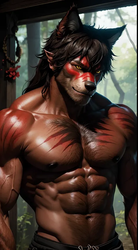 Werewolf boy，musculature，Wolf ears，Face，Human body，red colored skin，Wolf paws，Scarred，Tied by five flowers