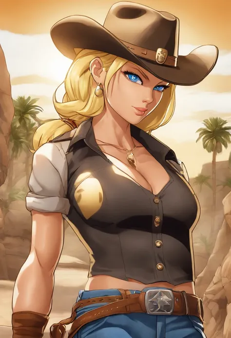 (cow boy shot: 1.2), (Android_18, and18(dragonball z), (finely detailed beautiful eyes and detailed face), (face through thigh: 1.4), (Knee Shooting: 1.2), Blonde hair, Solo, Lady, (Beautiful background), :), Dynamic Angle, Blue eyes, Light face, Sunlight,...