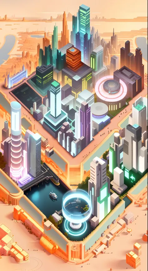 Urban illustration with futuristic architecture and futuristic clocks, isometric futuristic game, Futuristic city, isometric 8k, hyper-futuristic city, futuristic urban background, Utopian city, detailed photo of virtual world, rivers. space colony, futuri...