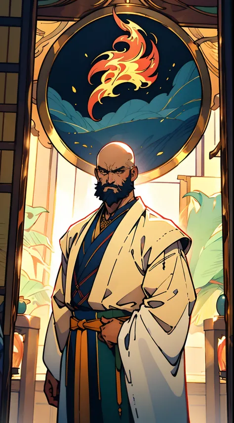 A bald middle-aged man, bold eyebrows, large and round eyes, he has a full beard, flame-shaped war paint on his face, a fantasy-style Chinese robe with intricate silk ribbons and decorations, a light-colored bodysuit, matching trousers, the scene is set in...