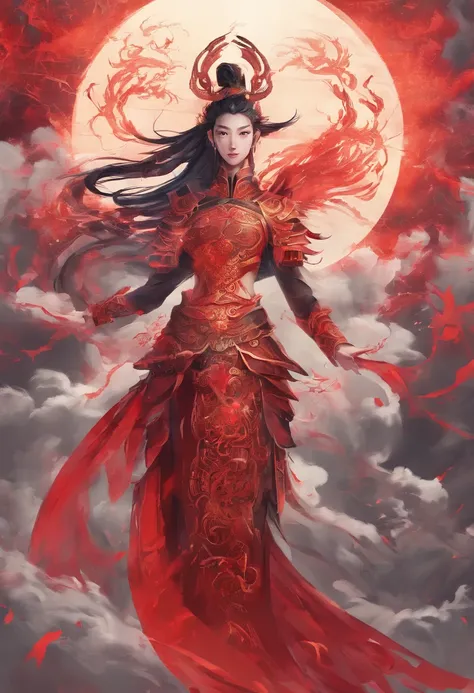 china style，Chinese mythology，Firebird，tosen，Ferocious，immensity，Eyes glow red，surrounded by flames，Surrounded by clouds，中景 the scene is，Full body like， Highly detailed surreal VFX，OC rendering， - AR 16:9 --q 2 --s 1000