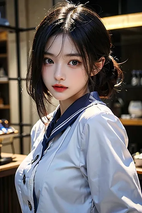 超A high resolution、​masterpiece、top-quality、
extra detailed face、A detailed eye、Very complex and、perfect glossy shiny skins、Perfect litthing、detailed lighting、Dramatic shadows、光线追踪、
1 girl in、The upper part of the body、Counter staff uniforms、looking at the...