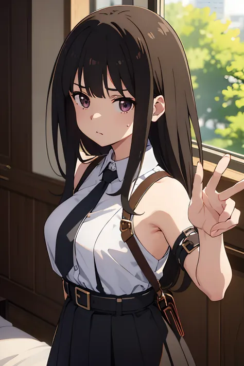 ​masterpiece、flat-colors、depth of fields、lens flare 1 girl、、Brown hair、watching at viewers　　　black suspenders　　　Bulging big breasts　　　 　 Armpit sweat　perspiring　Side of both hands　　walls: 　Black miniskirt　garters　　　　　　Gaze　　　Small face　Bangs Upper Eyes　fla...