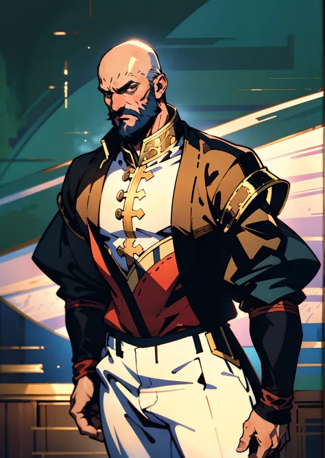 A bald middle-aged man, bold eyebrows, large and round eyes, he has a full beard, flame-shaped war paint on his face, a fantasy-style Chinese robe with intricate silk ribbons and decorations, a light-colored bodysuit, matching trousers, the scene is set in...