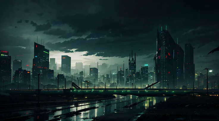 black sky, dark overcast sky, gloomy landscape, hopeless cyberpunk dystopian cityscape in green gray steel lights