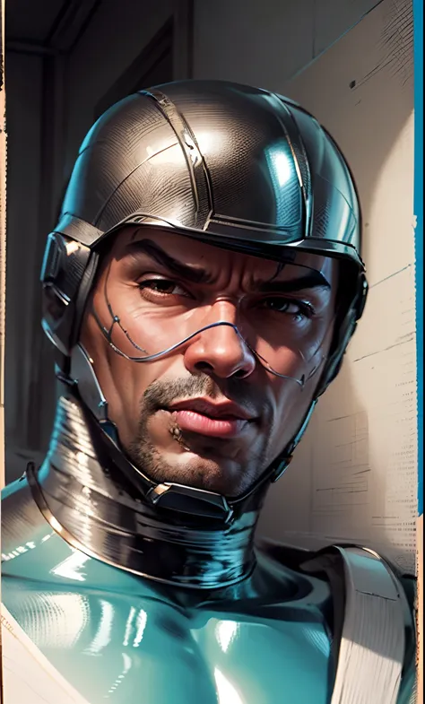 masterpiece, high quality images, high detailed face, perfect face, A realistic drawing of a male cyborg with male oriental features, Cyborg Man with Metallic Helmet and Orange Visor,inspirado por Gary Frank, inspirado em Stan Stokes, Retrato doe um ciborg...