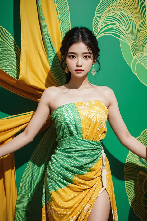 The image presents a woman in a distinctively styled dress that appears to be flowing, displaying a wave-like pattern. The dress blends colors of green, yellow, and orange in a striking manner. The woman is standing against a deep green background, creatin...