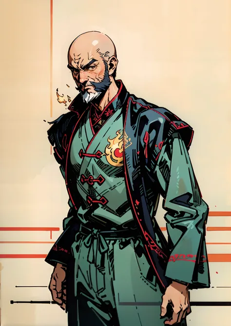 A bald middle-aged man, bold eyebrows, large and round eyes, he has a full beard, flame-shaped war paint on his face, a fantasy-style Chinese robe with intricate silk ribbons and decorations, a light-colored bodysuit, matching trousers, the scene is set in...