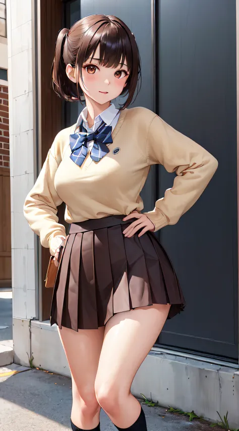 (((professional: step by step, final result god level))): "masterpiece, best quality, highres, solo 1girl, kr1, brown eyes, blunt bangs, kibito high school uniform, 10% miniskirt, sweater, pleated skirt, socks, small breasts, leaning forward, hand on hip,,...