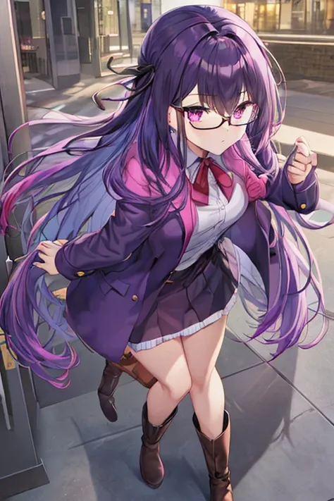 full body girl with dark purple colored hair, straight long hair, pink eyes, wearing idol clothes, skirt, gloves, boots, a hair ...