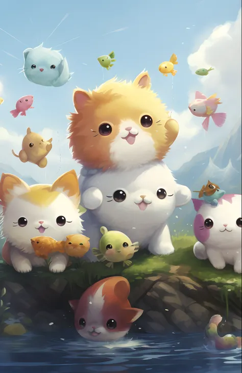 There are a lot of cats standing on rocks in the water, Cute detailed digital art, adorable digital art, lovely digital painting, cute detailed artwork, cute artwork, adorable creature, Cute cats, Mobile game art, Kawaii cat, anime visual of a cute cat, lo...