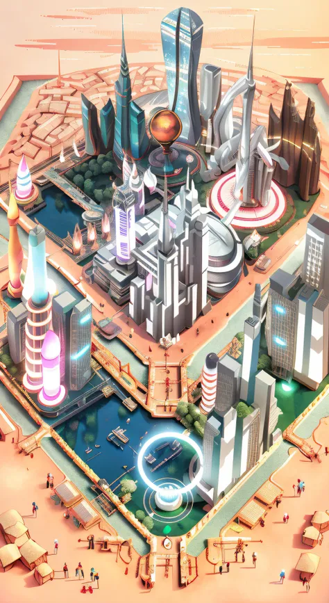 Urban illustration with futuristic architecture and futuristic clocks, isometric futuristic game, Futuristic city, hyper-futuristic city, isometric 8k, futuristic urban background, Utopian city, detailed photo of virtual world, futuristic utopian metropoli...